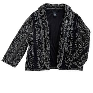 Weavz Women L Black White Woven Net Lace Sheer Sleeves Open Front Blazer Evening